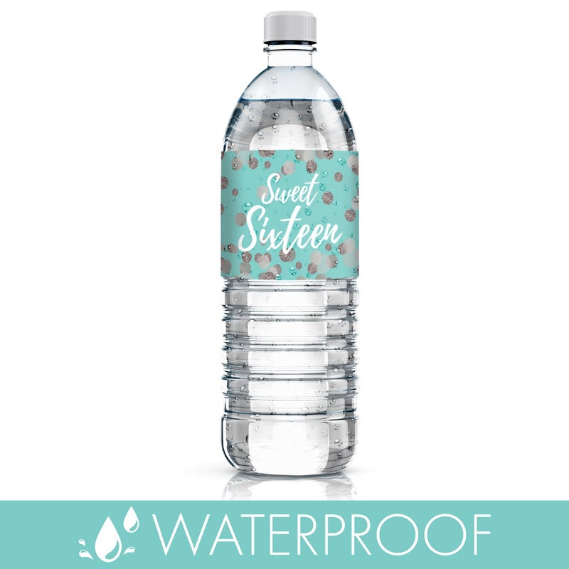 DISTINCTIVS Blue and Silver Sweet 16 Birthday Party Water Bottle Labels, Sweet Sixteen Birthday Stickers for Water Bottles - 20 Count - Image 5